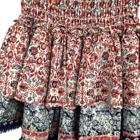 Misa Los Angeles Smocked Waist Ruffle Tiered Skirt Size XS Xsmall Fringe Trim - Picture 3 of 7
